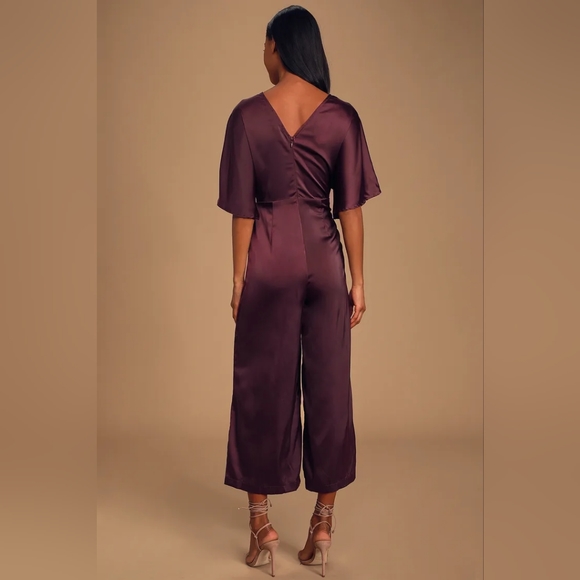 Lulus Kiss Me Now Plum Purple Satin Short Sleeve Wide-Leg Jumpsuit Small New - Picture 2 of 11